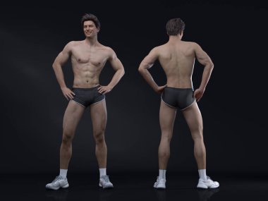 3D Render: Kısa pantalon ve spor ayakkabı giyen üstsüz sağlıklı genç bir adam stüdyo geçmişi ile ayakta duruyor 