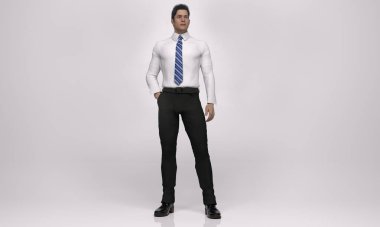 3D Görüntü: Ofis üniforması giyen ayakta duran bir adamın portresi