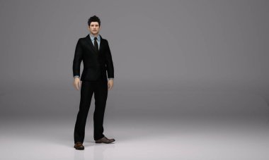 3D Görüntü: Ofis üniforması giyen ayakta duran bir adamın portresi