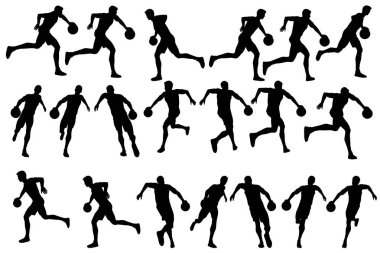 Silüet erkek basketbolcu karakterinin farklı açılardan toplanması, grafik kaynakları için izole edilmiş vektör