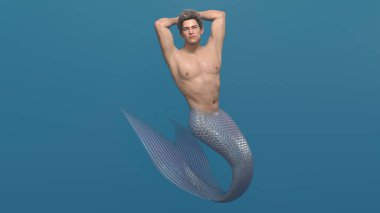 3D canlandırma: Bir deniz adamı karakteri derin mavi denizin altında yüzüyor.