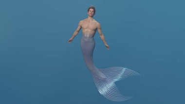 3D canlandırma: Bir deniz adamı karakteri derin mavi denizin altında yüzüyor.