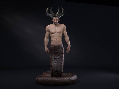 3D Render: Bir insan-yılan melez erkek yaratık, yarı yılan yarı insan, fantezi lordu erkek naga karakteri