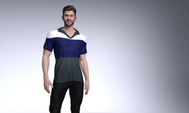 3D çizim: günlük kıyafet giyen gülümseyen genç adam portresi