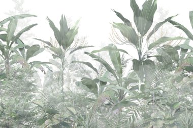 Tropikal yapraklar ve Ağaçlar Duvar kağıdı tasarımı - 3 boyutlu illüstrasyon