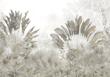 Tropikal yapraklar ve Ağaçlar Duvar kağıdı tasarımı - 3 boyutlu illüstrasyon