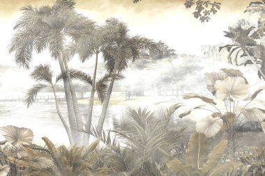 Tropikal yapraklar ve Ağaçlar Duvar kağıdı tasarımı - 3 boyutlu illüstrasyon