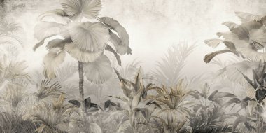 Tropikal yapraklar ve Ağaçlar Duvar kağıdı tasarımı - 3 boyutlu illüstrasyon