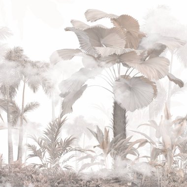 Tropik duvar kağıdı, tropik ağaçlar ve yapraklar, dijital baskı için duvar kağıdı tasarımı - 3D illüstrasyon