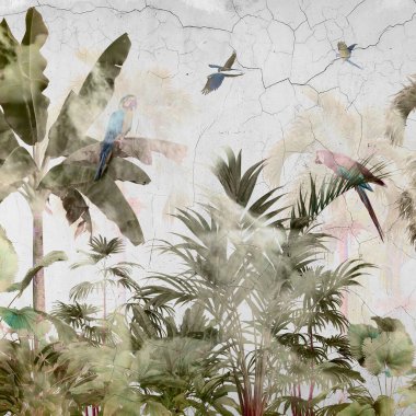 Tropik duvar kağıdı, tropik ağaçlar ve yapraklar, dijital baskı için duvar kağıdı tasarımı - 3D illüstrasyon