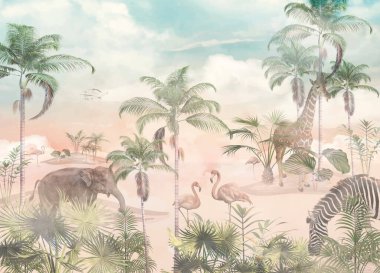 Çocuk odası duvar kağıdı, dijital baskı için çocuk odası duvar kağıdı tasarımı - 3 boyutlu illüstrasyon