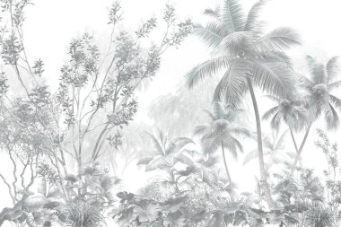 Tropik duvar kağıdı, tropik ağaçlar ve yapraklar, dijital baskı için duvar kağıdı tasarımı - 3D illüstrasyon