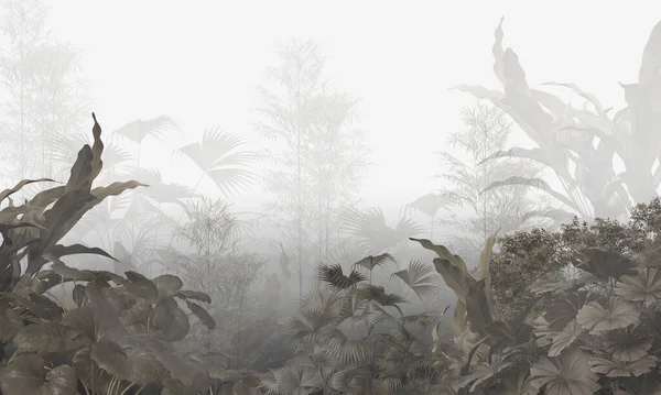 Tropik duvar kağıdı, tropik ağaçlar ve yapraklar, dijital baskı için duvar kağıdı tasarımı - 3D illüstrasyon