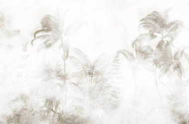 Tropik duvar kağıdı, tropik ağaçlar ve yapraklar, dijital baskı için duvar kağıdı tasarımı - 3D illüstrasyon