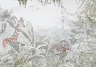 Tropik duvar kağıdı, tropik ağaçlar ve yapraklar, dijital baskı için duvar kağıdı tasarımı - 3D illüstrasyon