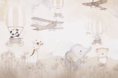 Çocuk odası duvar kağıdı, dijital baskı için çocuk odası duvar kağıdı tasarımı - 3 boyutlu illüstrasyon