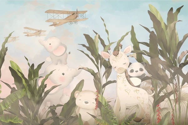 Cute Animals Wallpaper Design Kids Room — Stok fotoğraf