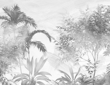 Tropik duvar kağıdı, tropik ağaçlar ve yapraklar, dijital baskı için duvar kağıdı tasarımı - 3D illüstrasyon