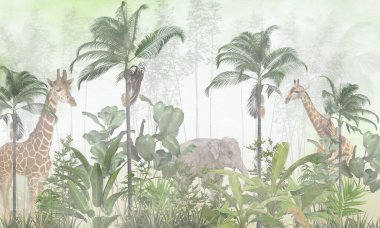 Tropik duvar kağıdı, tropik ağaçlar ve yapraklar, dijital baskı için duvar kağıdı tasarımı - 3D illüstrasyon