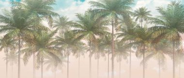 Tropik duvar kağıdı, tropik ağaçlar ve yapraklar, dijital baskı için duvar kağıdı tasarımı - 3D illüstrasyon