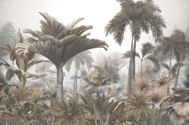 Tropik duvar kağıdı, tropik ağaçlar ve yapraklar, dijital baskı için duvar kağıdı tasarımı - 3D illüstrasyon