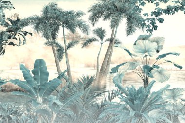 Tropik duvar kağıdı, tropik ağaçlar ve yapraklar, dijital baskı için duvar kağıdı tasarımı - 3D illüstrasyon