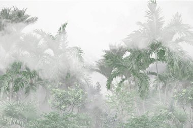 Tropik duvar kağıdı, tropik ağaçlar ve yapraklar, dijital baskı için duvar kağıdı tasarımı - 3D illüstrasyon