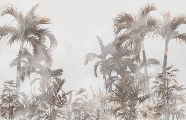 Tropik duvar kağıdı, tropik ağaçlar ve yapraklar, dijital baskı için duvar kağıdı tasarımı - 3D illüstrasyon