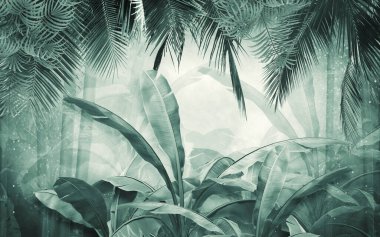 Tropik duvar kağıdı, tropik ağaçlar ve yapraklar, dijital baskı için duvar kağıdı tasarımı - 3D illüstrasyon