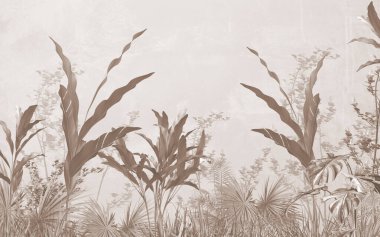 Tropik duvar kağıdı, tropik ağaçlar ve yapraklar, dijital baskı için duvar kağıdı tasarımı - 3D illüstrasyon