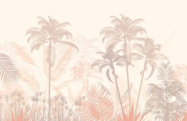 Tropik duvar kağıdı, tropik ağaçlar ve yapraklar, dijital baskı için duvar kağıdı tasarımı - 3D illüstrasyon