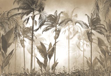 Tropik duvar kağıdı, tropik ağaçlar ve yapraklar, dijital baskı için duvar kağıdı tasarımı - 3D illüstrasyon