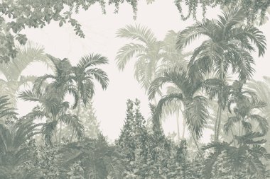 Tropik duvar kağıdı, tropik ağaçlar ve yapraklar, dijital baskı için duvar kağıdı tasarımı - 3D illüstrasyon
