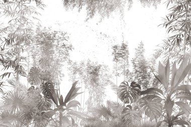 Tropik duvar kağıdı, tropik ağaçlar ve yapraklar, dijital baskı için duvar kağıdı tasarımı - 3D illüstrasyon