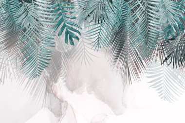 Tropik duvar kağıdı, tropik ağaçlar ve yapraklar, dijital baskı için duvar kağıdı tasarımı - 3D illüstrasyon