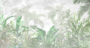 Tropik duvar kağıdı, tropik ağaçlar ve yapraklar, dijital baskı için duvar kağıdı tasarımı - 3D illüstrasyon