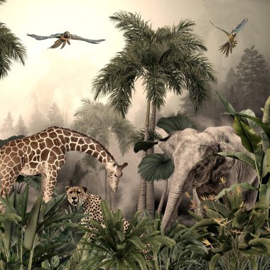 Tropik duvar kağıdı, tropik ağaçlar ve yapraklar, dijital baskı için duvar kağıdı tasarımı - 3D illüstrasyon
