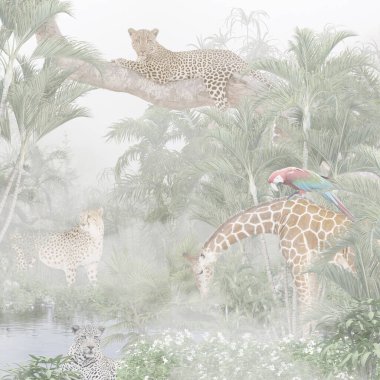 Tropik duvar kağıdı, tropik ağaçlar ve yapraklar, dijital baskı için duvar kağıdı tasarımı - 3D illüstrasyon