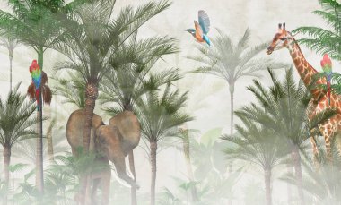 Tropik duvar kağıdı, tropik ağaçlar ve yapraklar, dijital baskı için duvar kağıdı tasarımı - 3D illüstrasyon