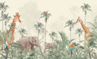 Tropik duvar kağıdı, tropik ağaçlar ve yapraklar, dijital baskı için duvar kağıdı tasarımı - 3D illüstrasyon