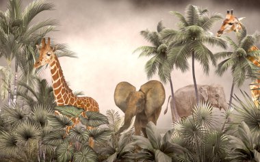 Tropik duvar kağıdı, tropik ağaçlar ve yapraklar, dijital baskı için duvar kağıdı tasarımı - 3D illüstrasyon