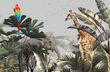 Tropik duvar kağıdı, tropik ağaçlar ve yapraklar, dijital baskı için duvar kağıdı tasarımı - 3D illüstrasyon