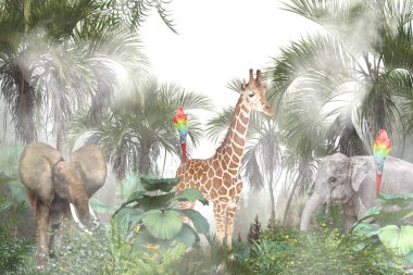 Tropik duvar kağıdı, tropik ağaçlar ve yapraklar, dijital baskı için duvar kağıdı tasarımı - 3D illüstrasyon