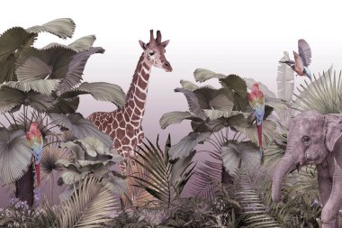 Tropik duvar kağıdı, tropik ağaçlar ve yapraklar, dijital baskı için duvar kağıdı tasarımı - 3D illüstrasyon