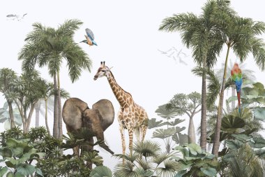 Tropik duvar kağıdı, tropik ağaçlar ve yapraklar, dijital baskı için duvar kağıdı tasarımı - 3D illüstrasyon