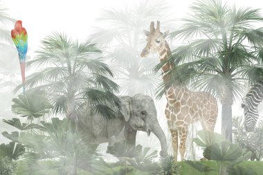 Tropik duvar kağıdı, tropik ağaçlar ve yapraklar, dijital baskı için duvar kağıdı tasarımı - 3D illüstrasyon