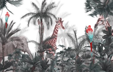 Tropik duvar kağıdı, tropik ağaçlar ve yapraklar, dijital baskı için duvar kağıdı tasarımı - 3D illüstrasyon