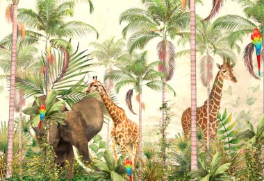 Tropik duvar kağıdı, tropik ağaçlar ve yapraklar, dijital baskı için duvar kağıdı tasarımı - 3D illüstrasyon