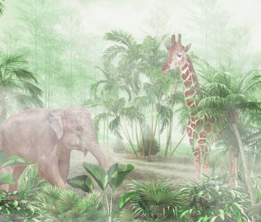 Tropik duvar kağıdı, tropik ağaçlar ve yapraklar, dijital baskı için duvar kağıdı tasarımı - 3D illüstrasyon