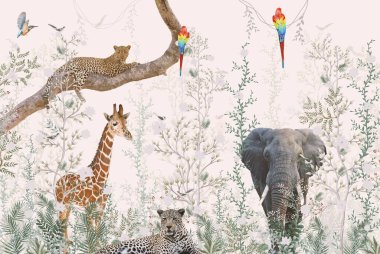 Tropik duvar kağıdı, tropik ağaçlar ve yapraklar, dijital baskı için duvar kağıdı tasarımı - 3D illüstrasyon